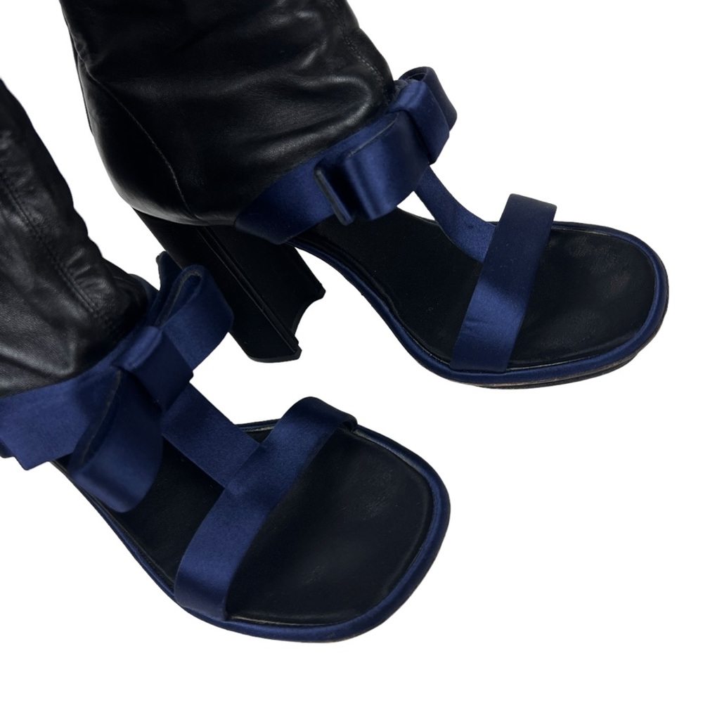 Prada T-Strap Leather Satin Bow Detail Heeled Open Toe Boot Sandal